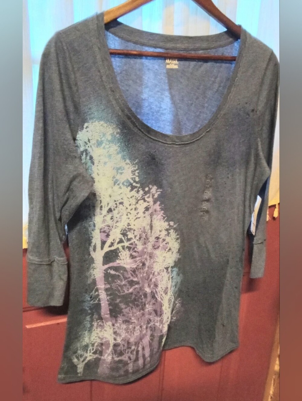 a.n.a Gray Scoop Neck Long Sleeve Top with Pastel Tree Print